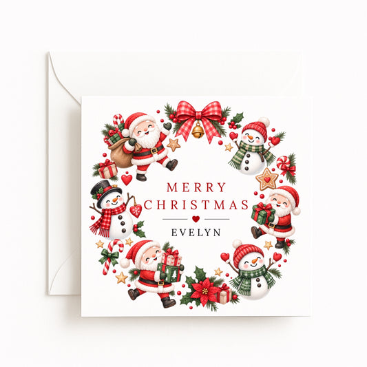 Santa Snowman Wreath Christmas Card