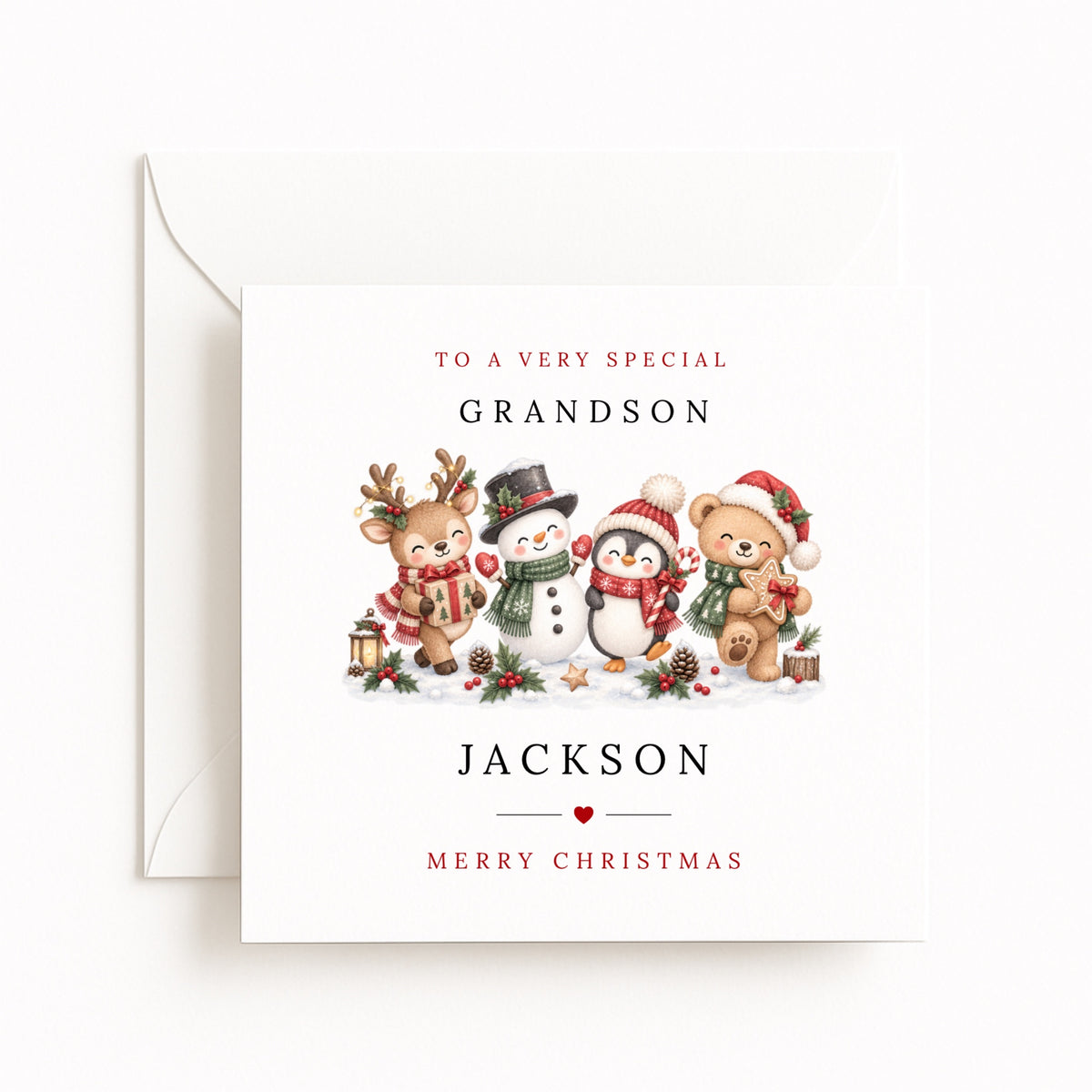 Reindeer, Snowman, Penguin & Teddy Christmas Card