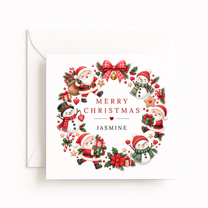 Santa Snowman Wreath Christmas Card