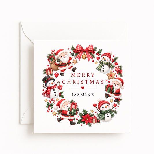 Santa Snowman Wreath Christmas Card