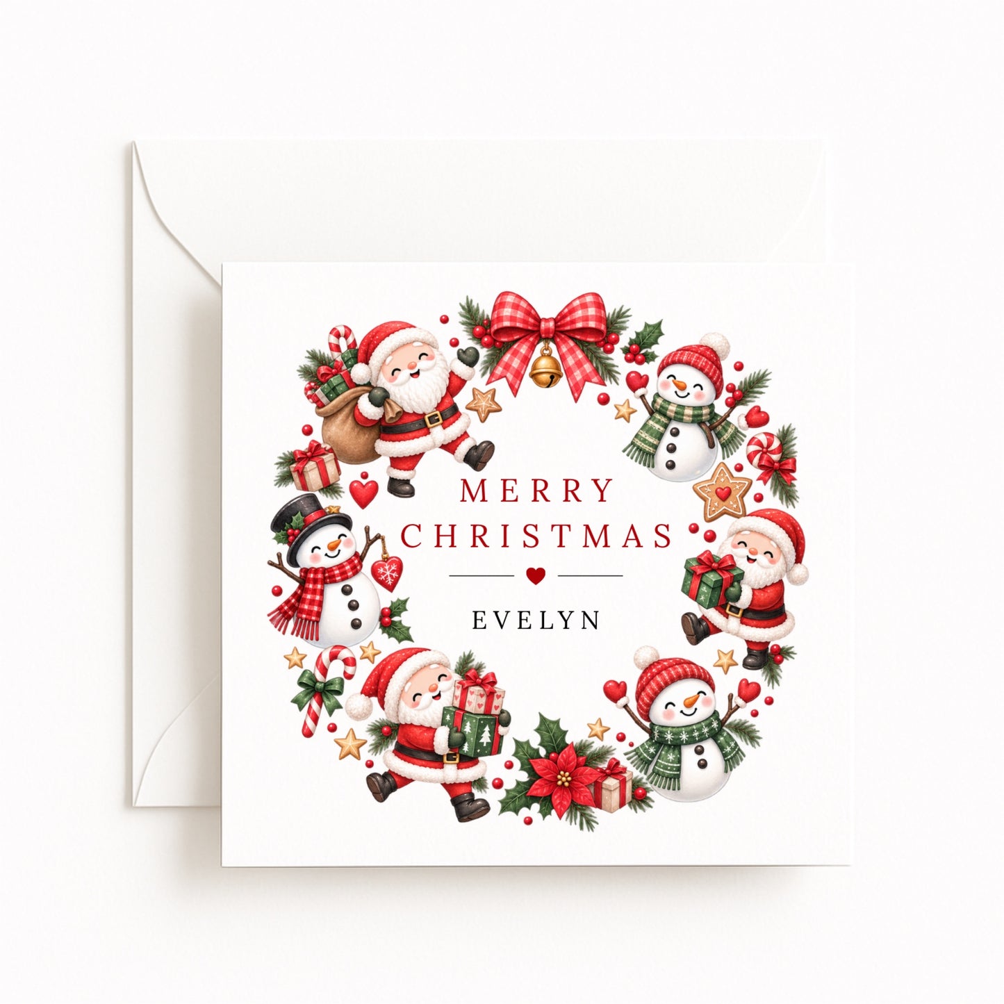 Santa Snowman Wreath Christmas Card