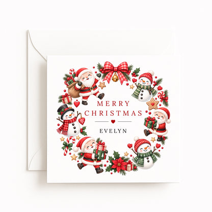 Santa Snowman Wreath Christmas Card
