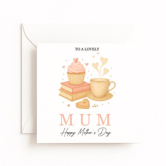 Cute Mother’s Day Card – Tea, Cupcake & Books Illustration