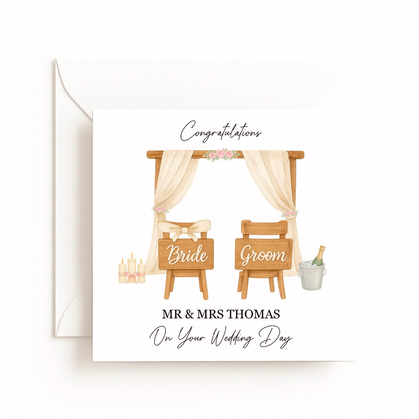 Bride & Groom Chairs with Drapes Card