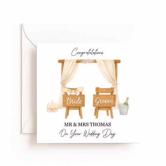 Bride & Groom Chairs with Drapes Card
