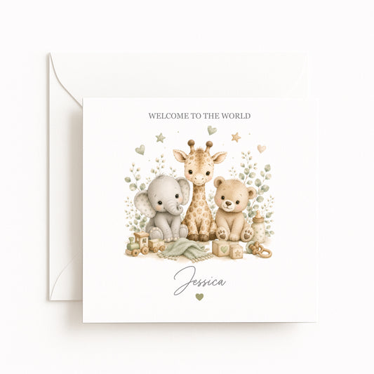 Elephant Giraffe Tiger New Baby Card