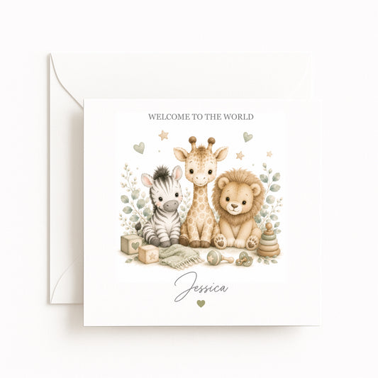 Zebra Giraffe Lion New Baby Card