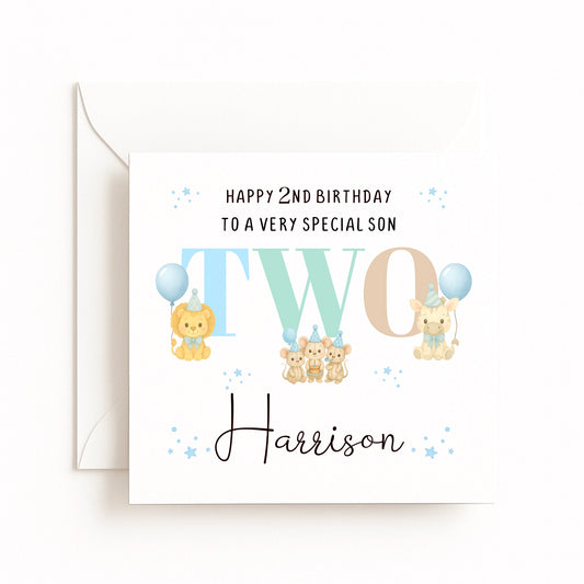 Personalised Party Animals Birthday Card Blue