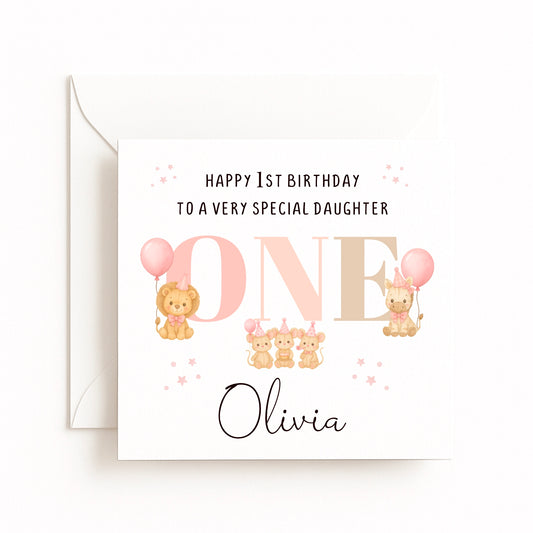 Personalised Party Animals Birthday Card Pink