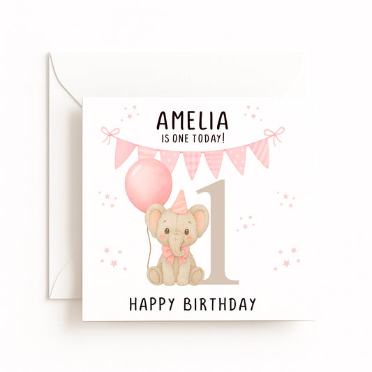 Pink Elephant Birthday Card