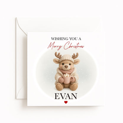 Personalised Cosy Reindeer Character Christmas Card