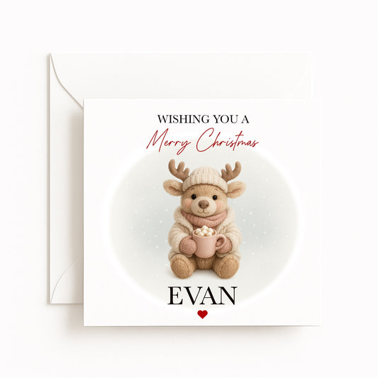 Personalised Cosy Reindeer Character Christmas Card