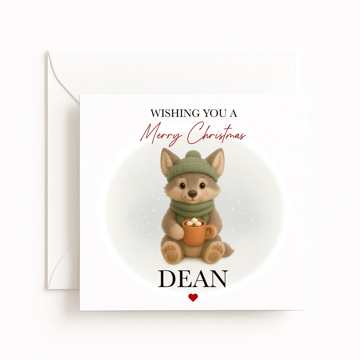 Personalised Cosy Wolf Character Christmas Card