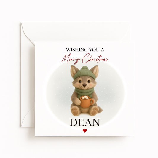 Personalised Cosy Wolf Character Christmas Card