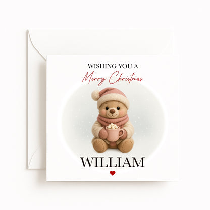 Personalised Cosy Bear Pink Character Christmas Card