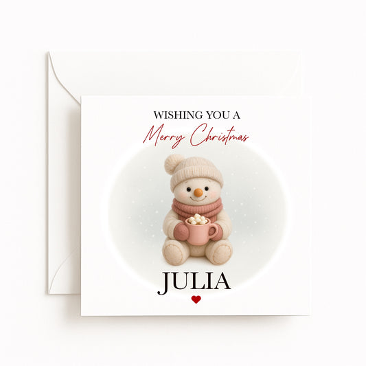 Personalised Cosy Snowman Character Christmas Card