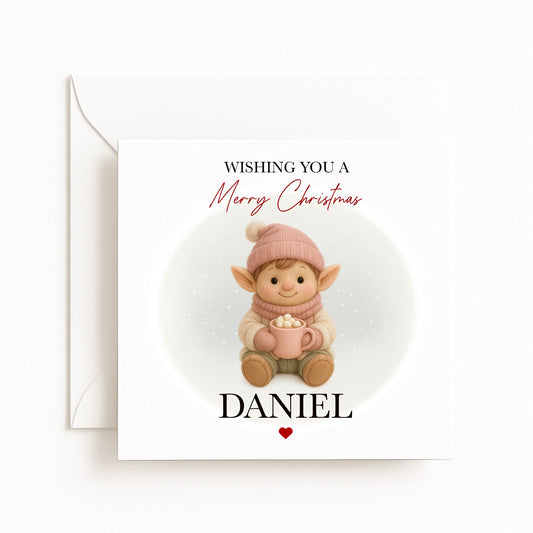 Personalised Cosy Elf Character Christmas Card