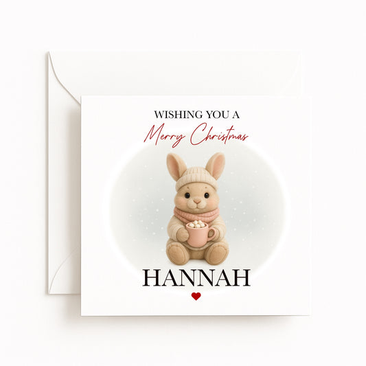 Personalised Cosy Rabbit Character Christmas Card