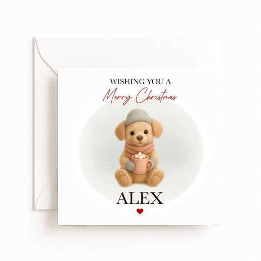 Personalised Cosy Dog Character Christmas Card