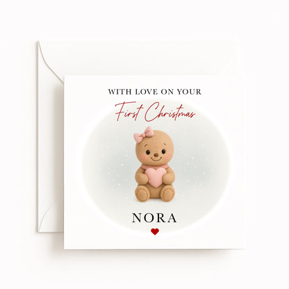 Pink Gingerbread Baby’s First Christmas Card