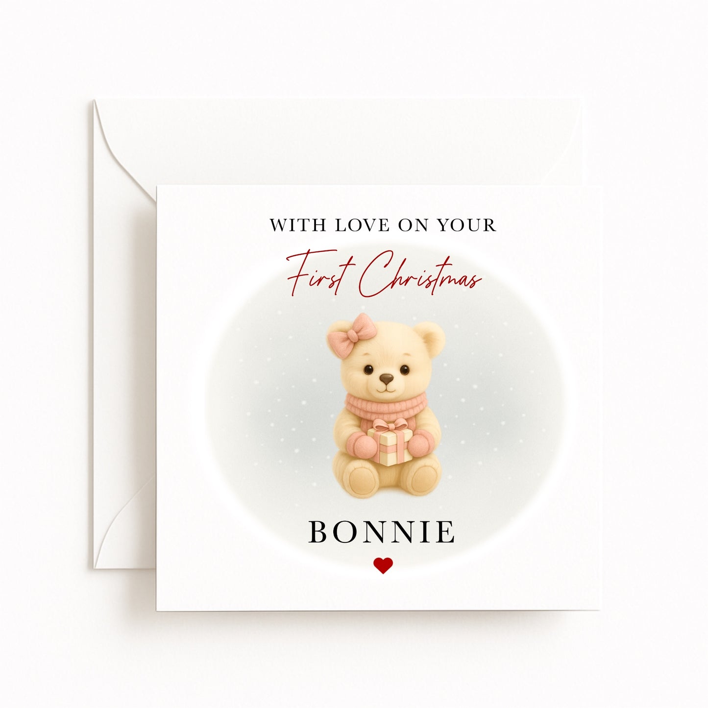 Pink Bear Baby’s First Christmas Card
