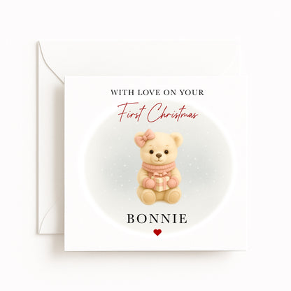 Pink Bear Baby’s First Christmas Card