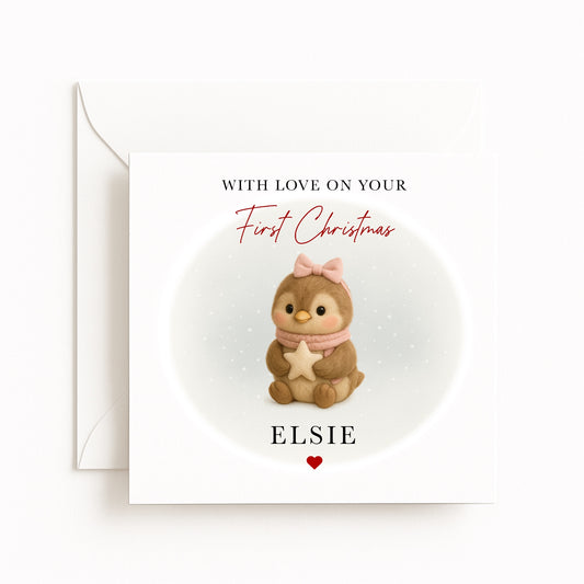 Pink Penguin Baby’s First Christmas Card