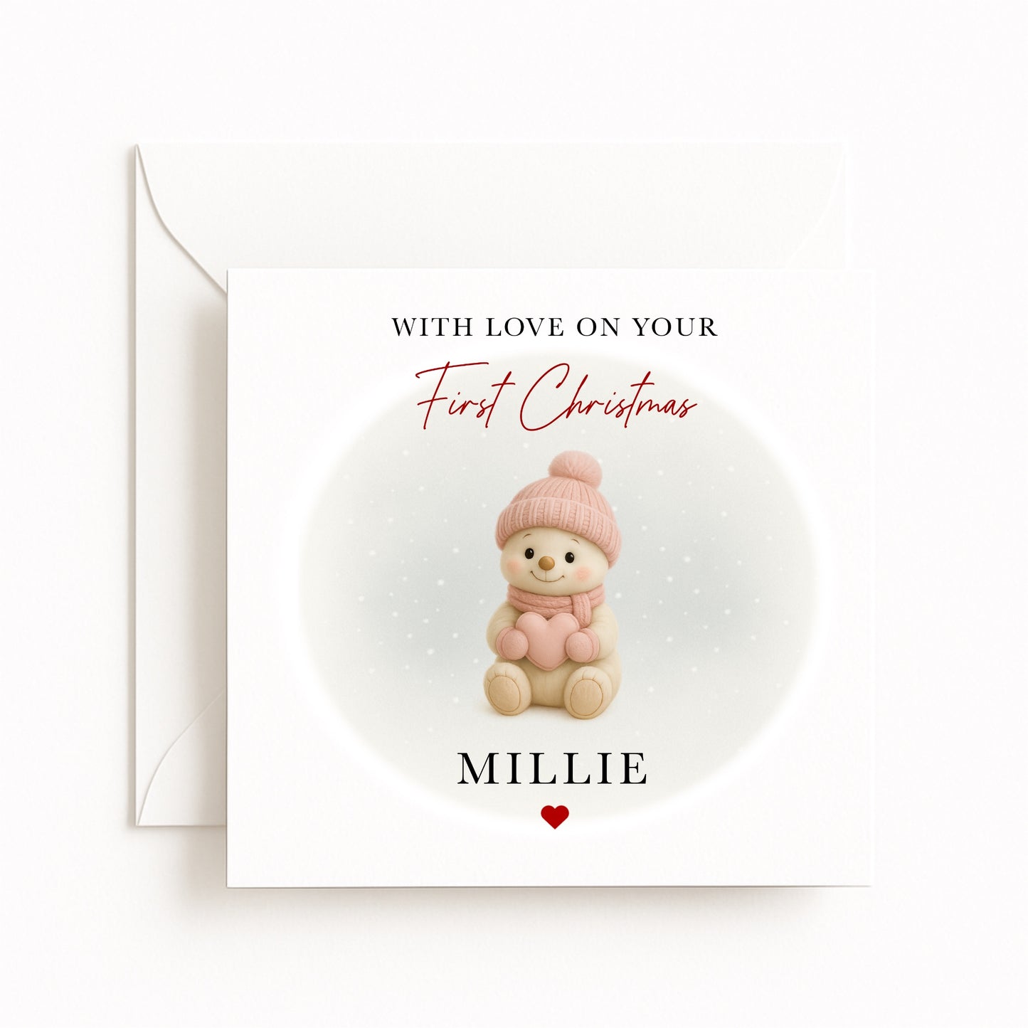 Pink Snowman Baby’s First Christmas Card