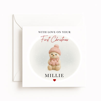 Pink Snowman Baby’s First Christmas Card