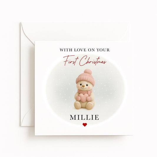 Pink Snowman Baby’s First Christmas Card