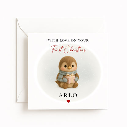 Blue Penguin Baby’s First Christmas Card