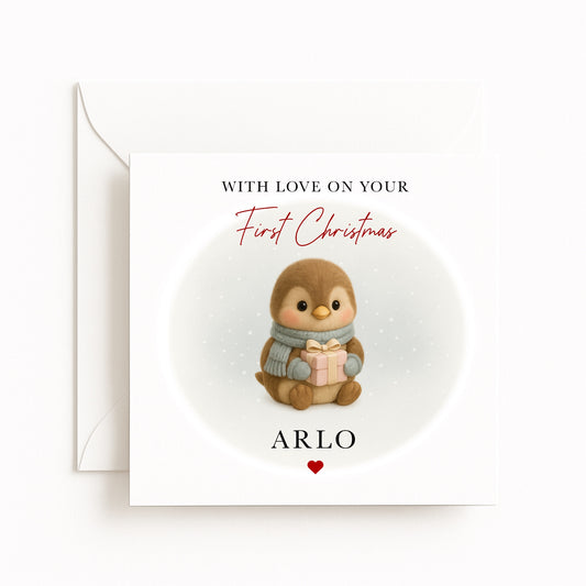 Blue Penguin Baby’s First Christmas Card