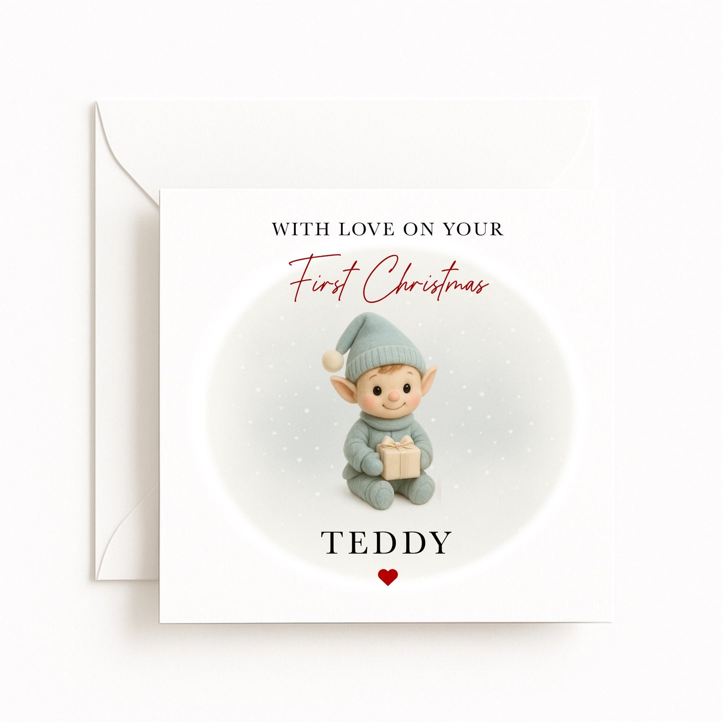 Blue Elf Baby’s First Christmas Card