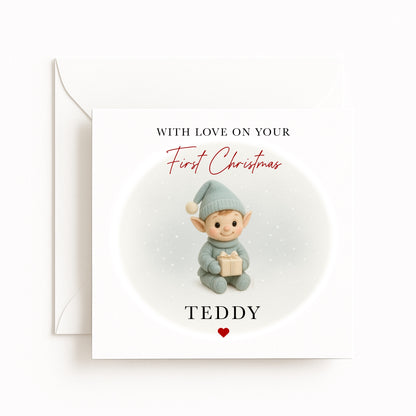 Blue Elf Baby’s First Christmas Card