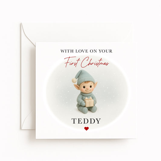Blue Elf Baby’s First Christmas Card