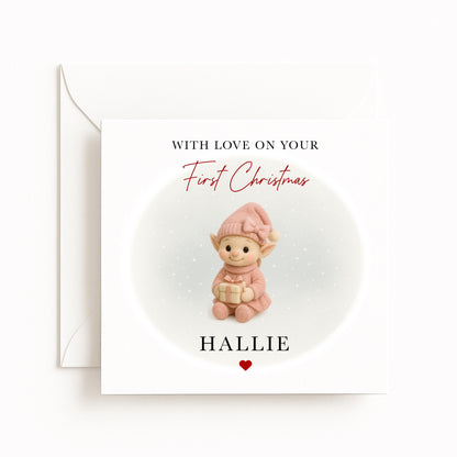 Pink Elf Baby’s First Christmas Card