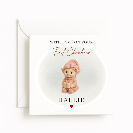 Pink Elf Baby’s First Christmas Card