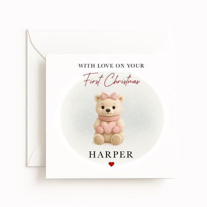 Pink Polar Bear Baby’s First Christmas Card