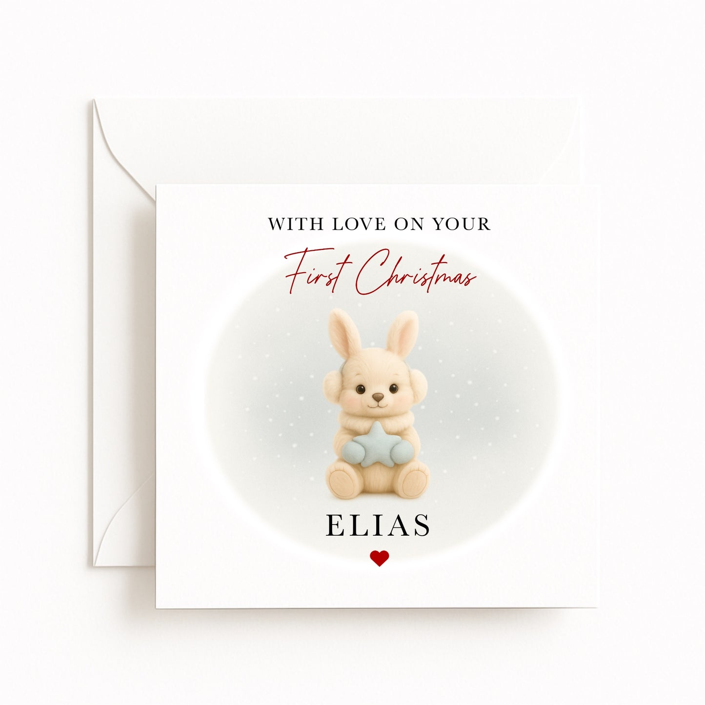 Blue Bunny Baby’s First Christmas Card