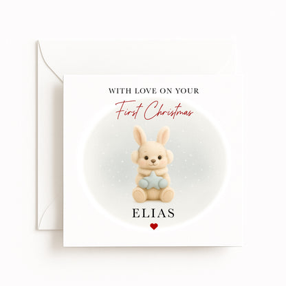 Blue Bunny Baby’s First Christmas Card