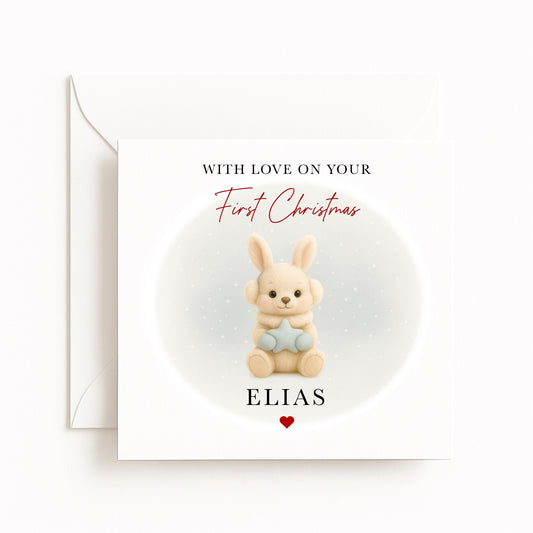 Blue Bunny Baby’s First Christmas Card