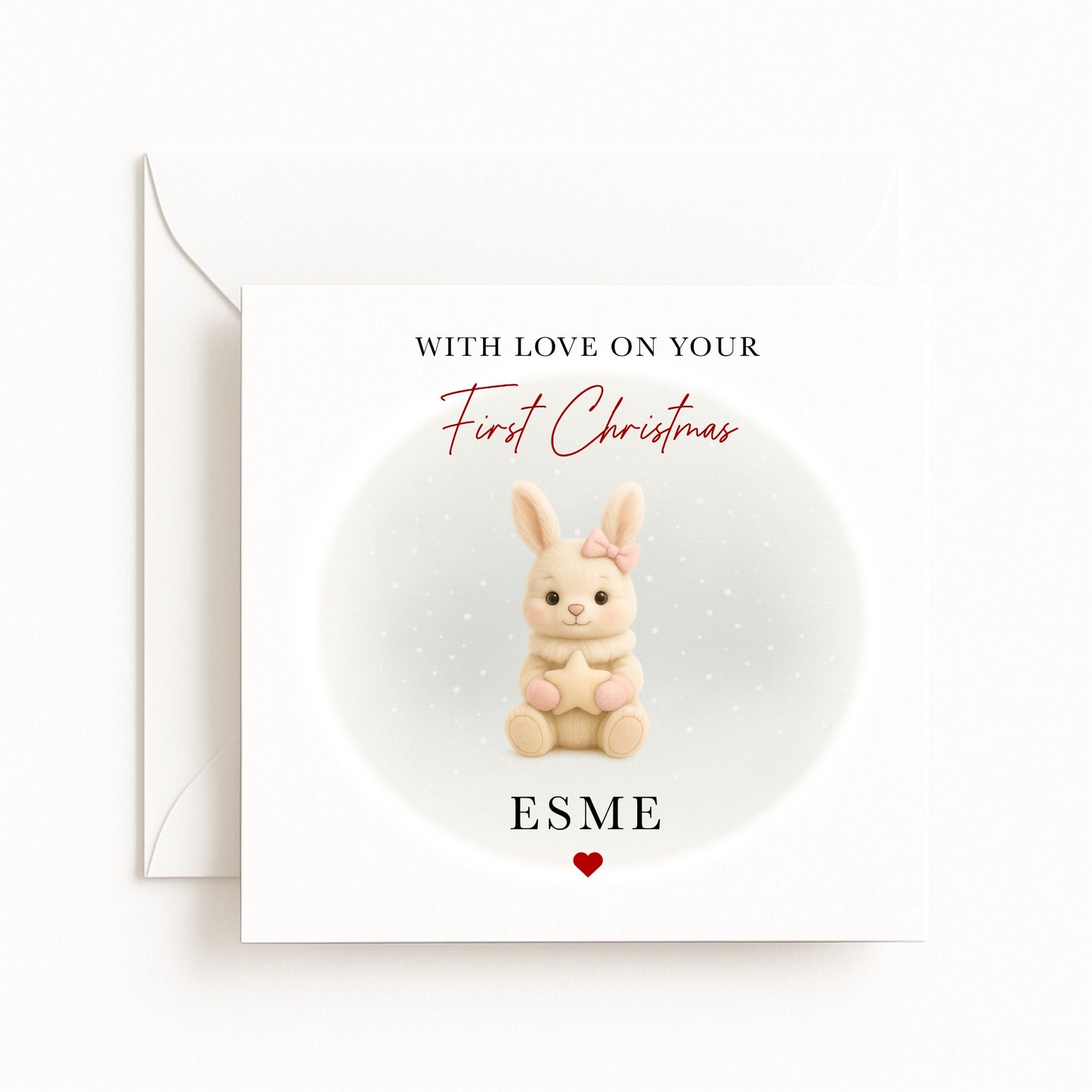 Pink Bunny Baby’s First Christmas Card