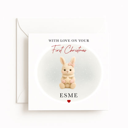 Pink Bunny Baby’s First Christmas Card