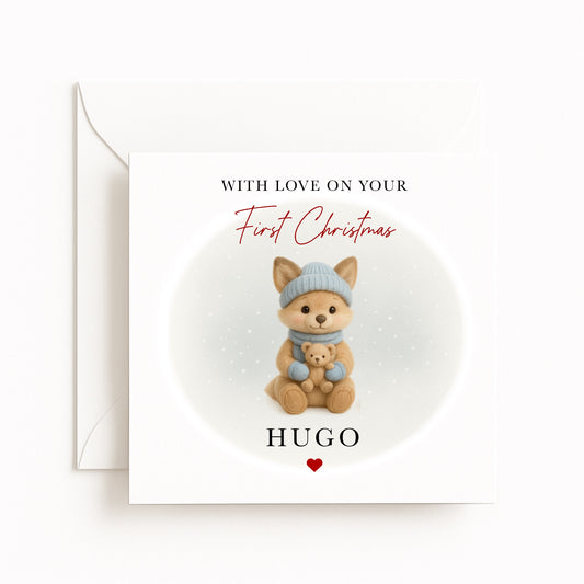 Blue Fox Baby’s First Christmas Card