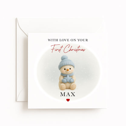 Blue Snowman Baby’s First Christmas Card
