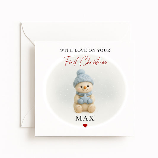 Blue Snowman Baby’s First Christmas Card