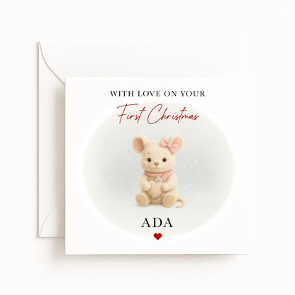 Pink Mouse Baby’s First Christmas Card