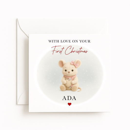 Pink Mouse Baby’s First Christmas Card
