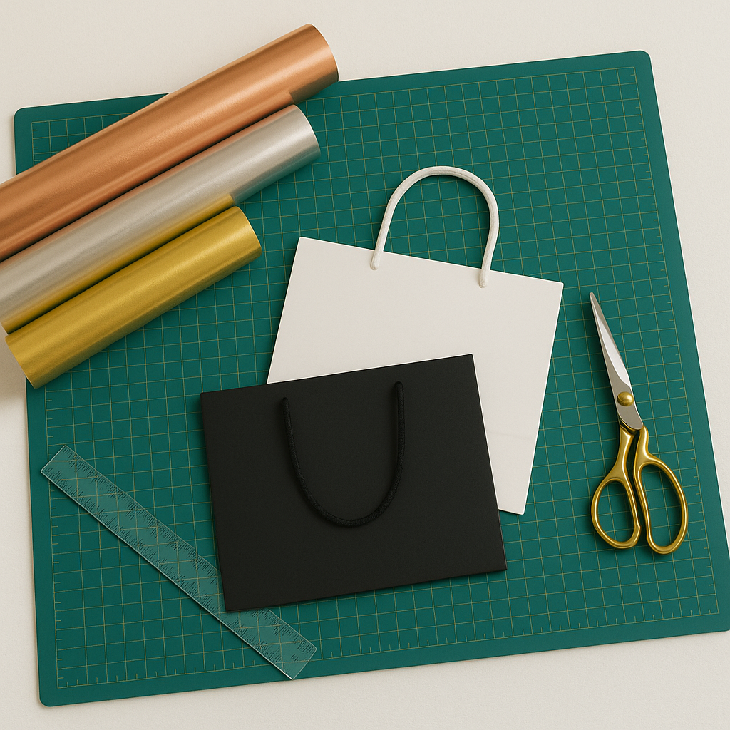 Gift bags and foil rolls on cutting mat